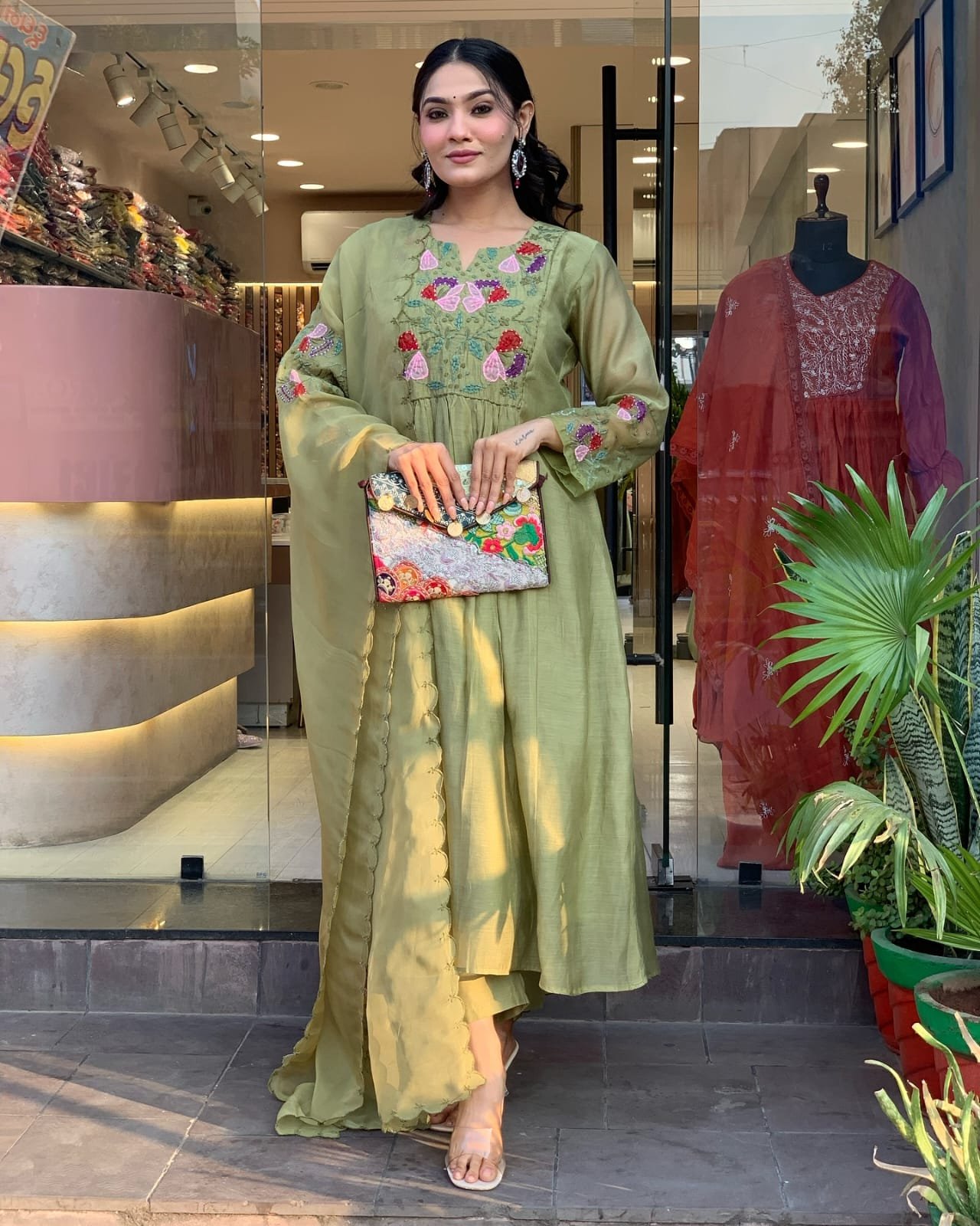 Embroidered Cotton Kurti Pant Set with Organza Dupatta